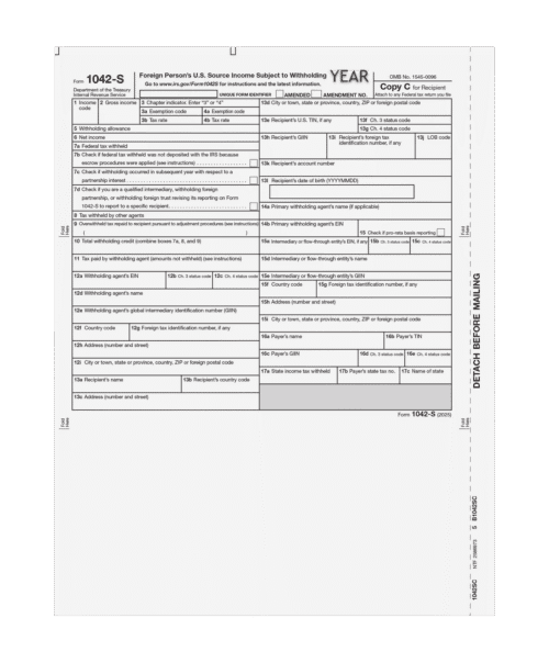 Form 1042-S Foreign Person's U.S. Source Income - Recipient Federal Copy C - Sku: 1042SC05