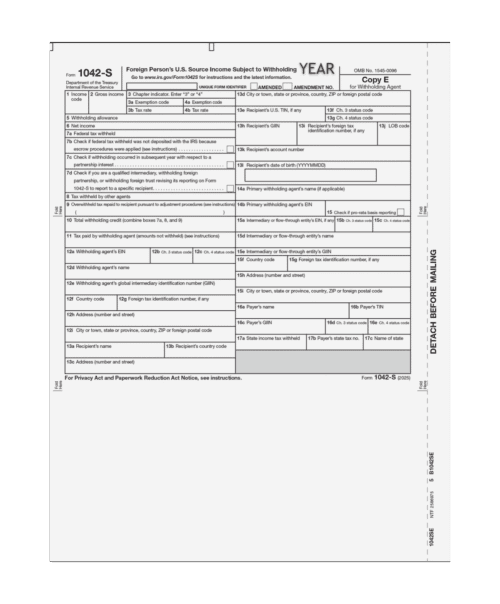 Form 1042-S Foreign Person's U.S. Source Income - Agent Copy E