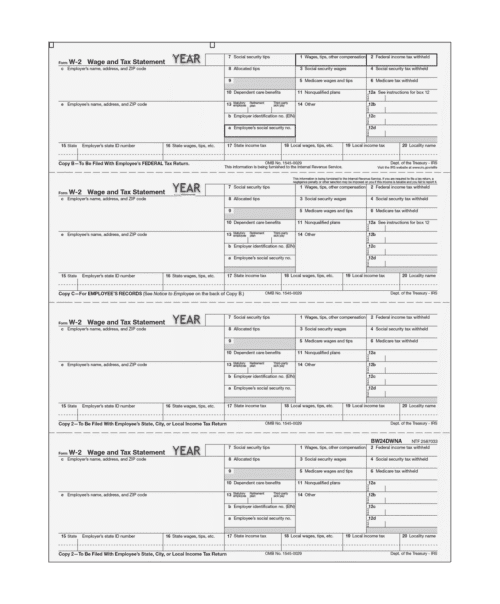 W-2 Employee Copies B/C/2/2 - 4up Horizontal IRS Reporting Forms