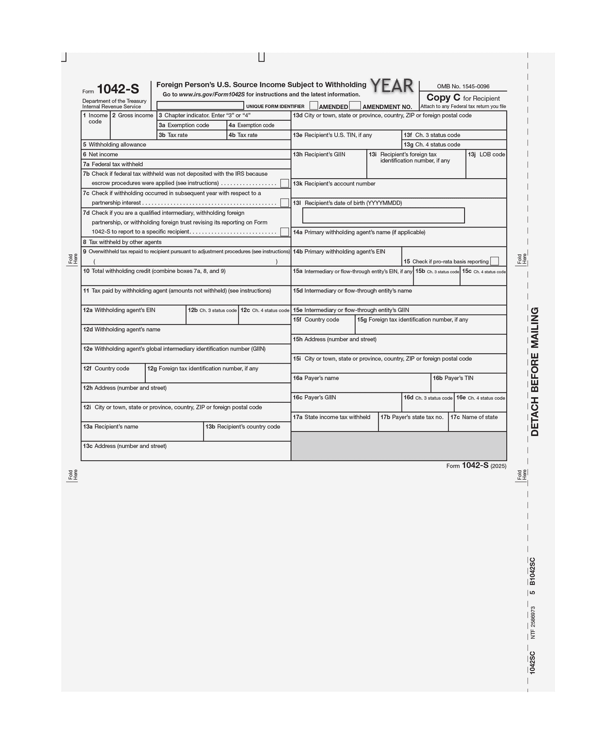 Form 1042-S Foreign Person's U.S. Source Income - Recipient Federal Copy C - Sku: 1042SC05 2 Form 1042-S Foreign Person's U.S. Source Income - Recipient Federal Copy C - Sku: 1042SC05