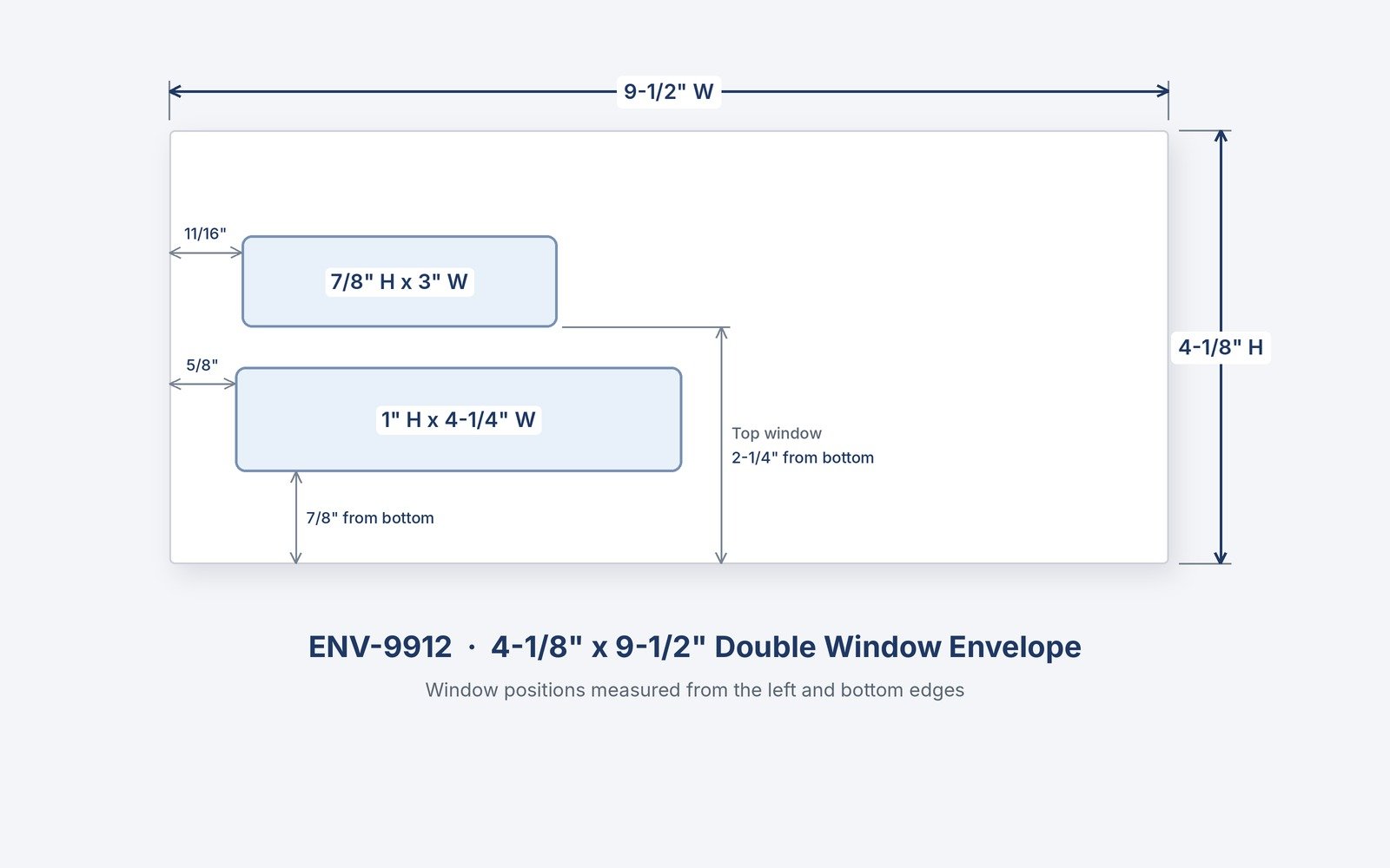 4-1/8" x 9-1/2" - Double Window Envelope - ENV-9912 2 ENV-9912 4-1/8" x 9-1/2" double window envelope with window sizes and positions